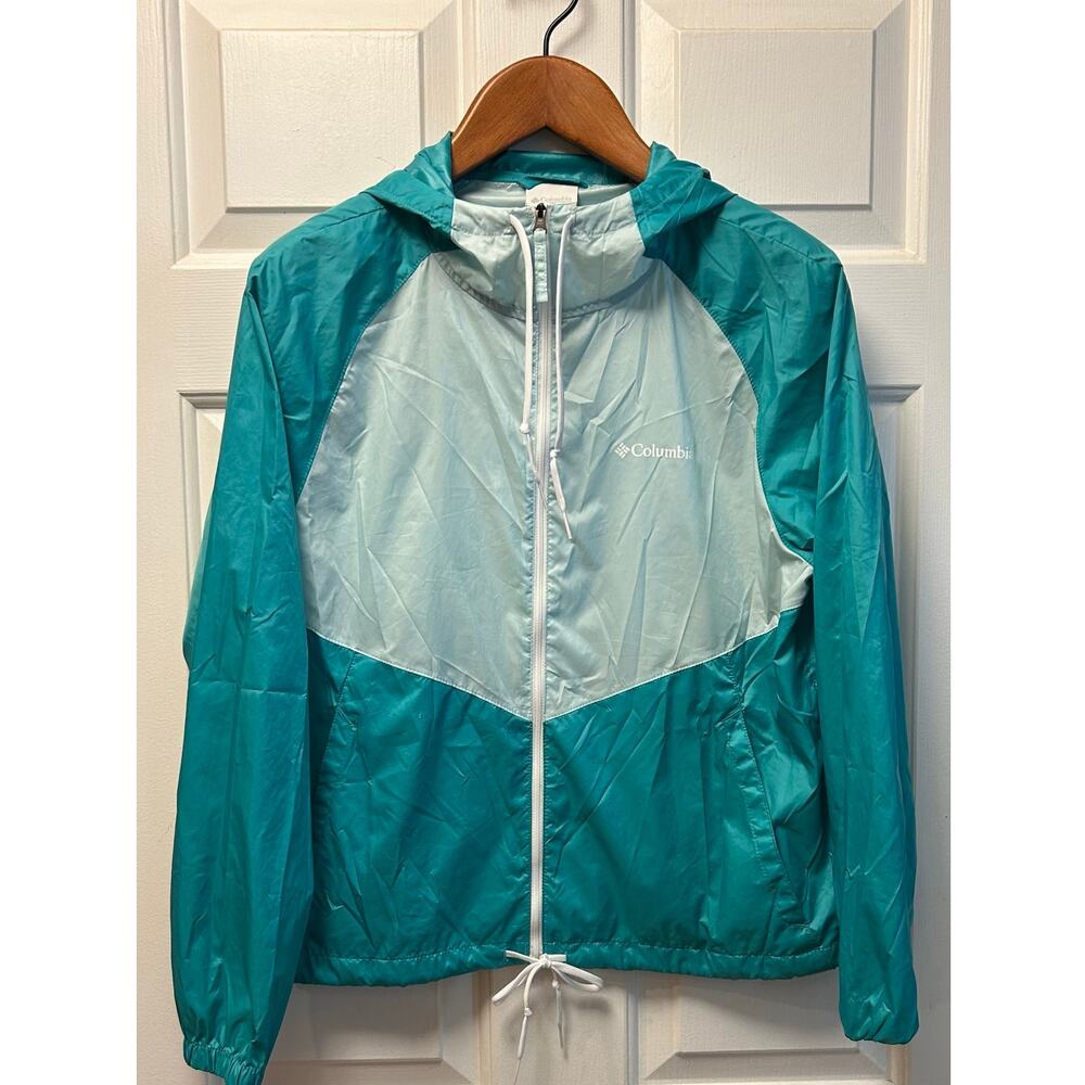 Columbia Aqua & White Colorblock Hooded Windbreaker Jacket, Size M